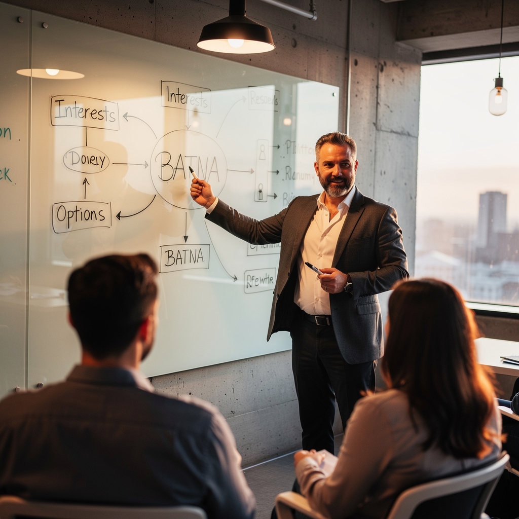 Trainer erklärt Verhandlungsstrategie an einem Whiteboard