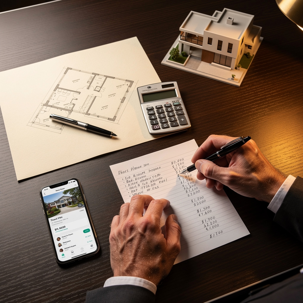 Immobilienbewertung mit Unterlagen und Taschenrechner auf einem Schreibtisch